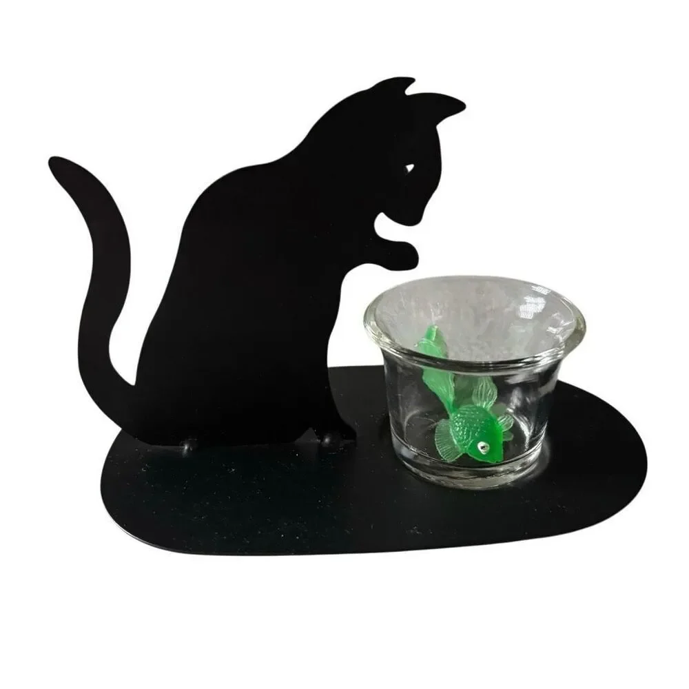 Cat Silhouette Metal Votive Candle Holder With Removable Glass Votive